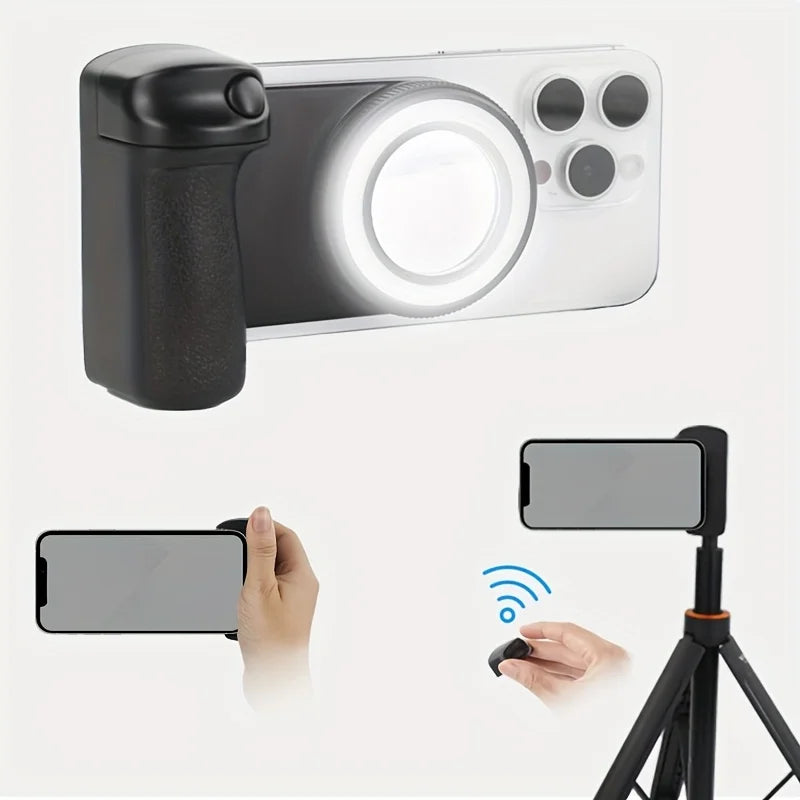 Grip MagSafe 2025 avec Déclencheur Bluetooth & Lumière LED – Stabilisateur Photo/Vidéo pour iPhone & Android